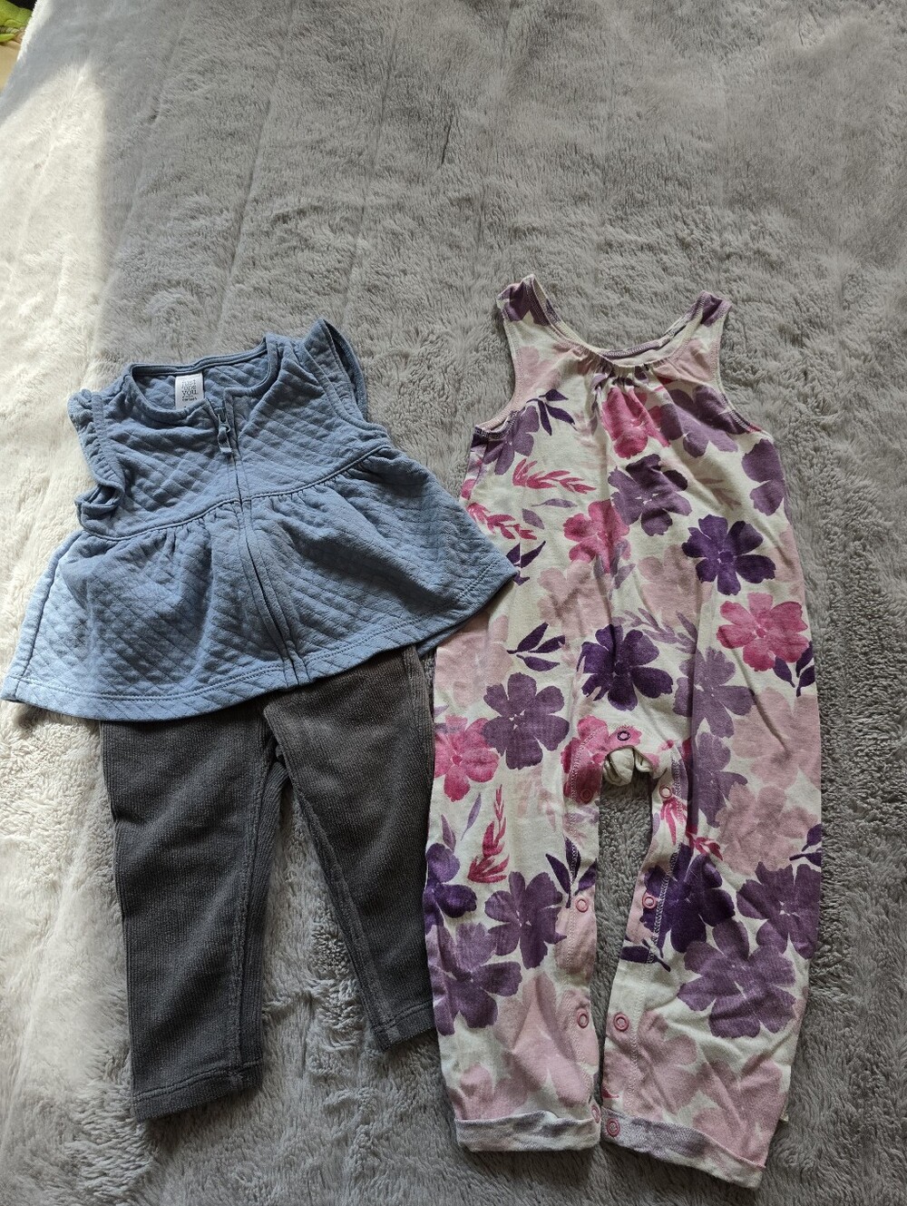 Baby Floral Romper & Quilted Blue Top Set - Pink, Purple, Blue, Gray